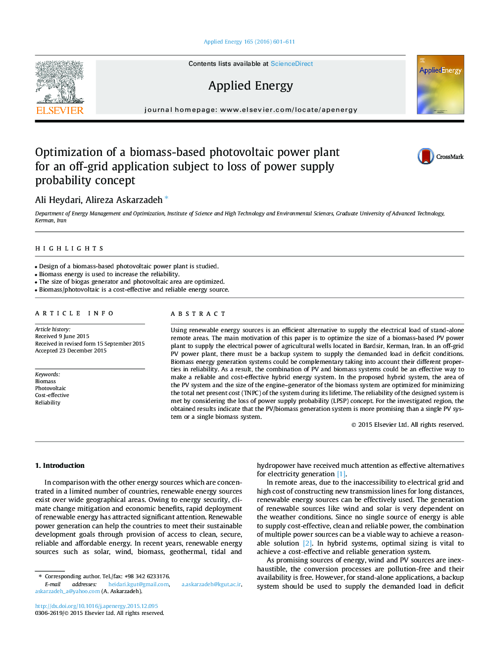 Optimization of a biomass-based photovoltaic power plant for an off-grid application subject to loss of power supply probability concept