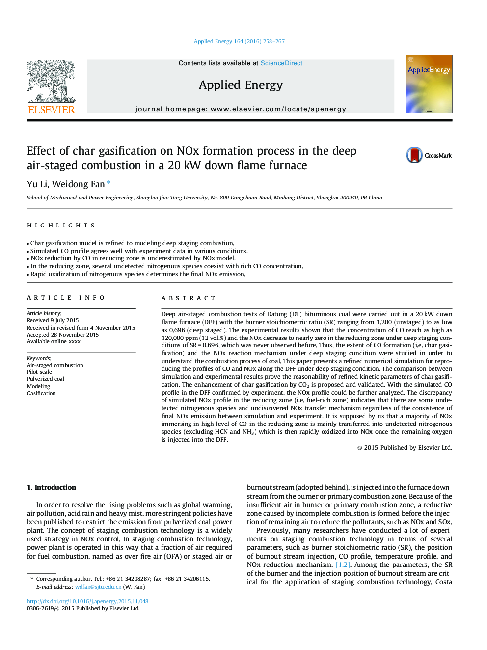 Effect of char gasification on NOx formation process in the deep air-staged combustion in a 20Â kW down flame furnace