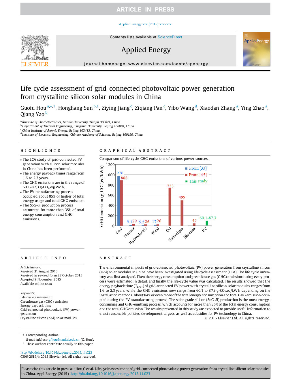 Life cycle assessment of grid-connected photovoltaic power generation from crystalline silicon solar modules in China