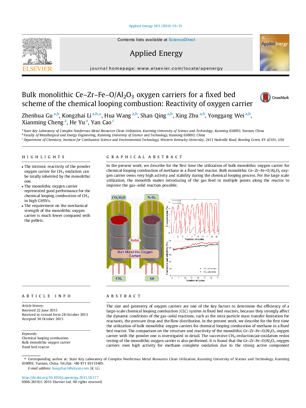 Bulk monolithic Ce-Zr-Fe-O/Al2O3 oxygen carriers for a fixed bed scheme of the chemical looping combustion: Reactivity of oxygen carrier