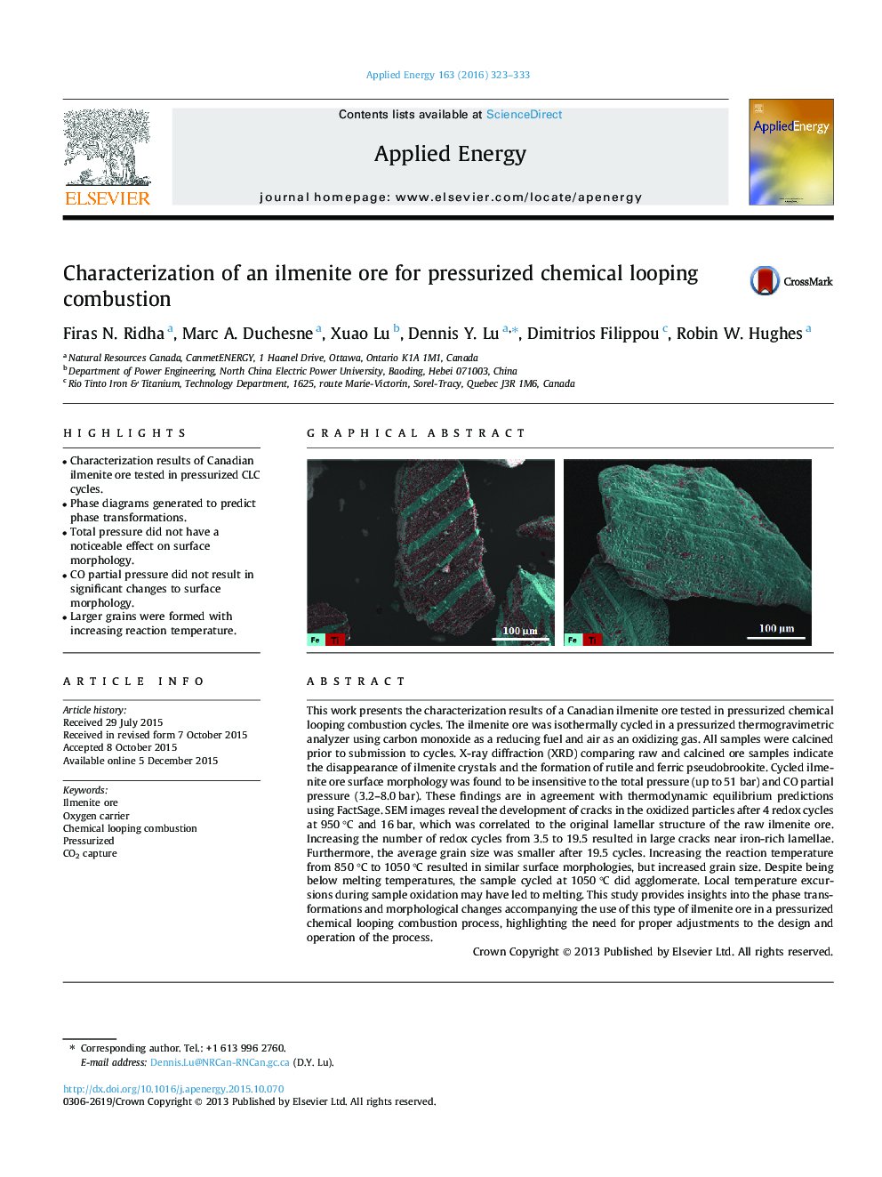 Characterization of an ilmenite ore for pressurized chemical looping combustion