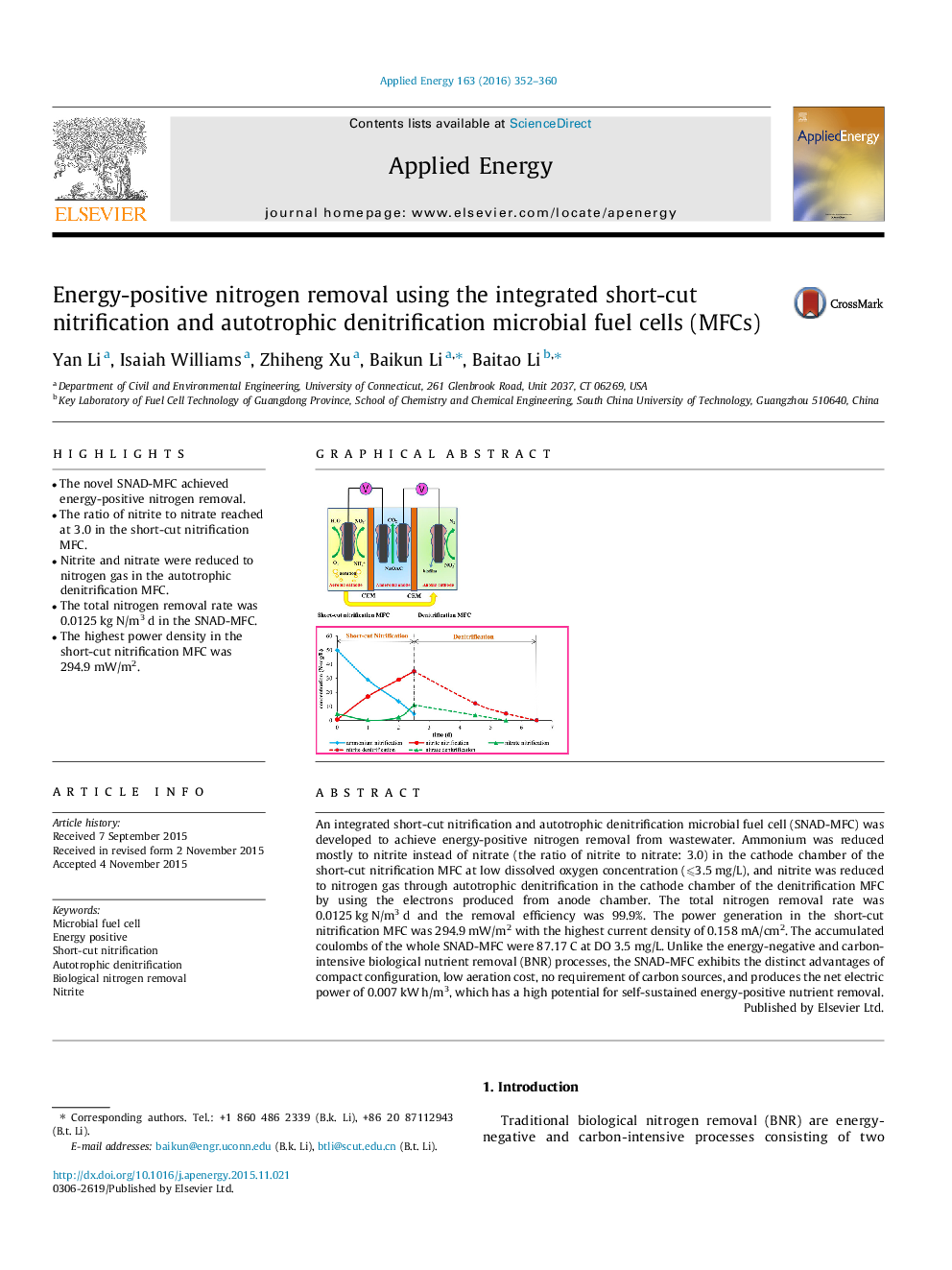 Energy-positive nitrogen removal using the integrated short-cut nitrification and autotrophic denitrification microbial fuel cells (MFCs)