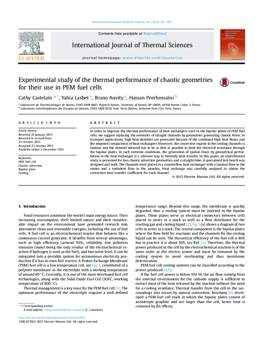 Experimental study of the thermal performance of chaotic geometries for their use in PEM fuel cells