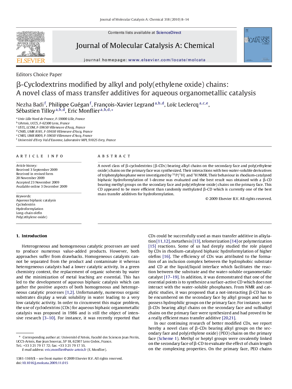 β-Cyclodextrins modified by alkyl and poly(ethylene oxide) chains: A novel class of mass transfer additives for aqueous organometallic catalysis