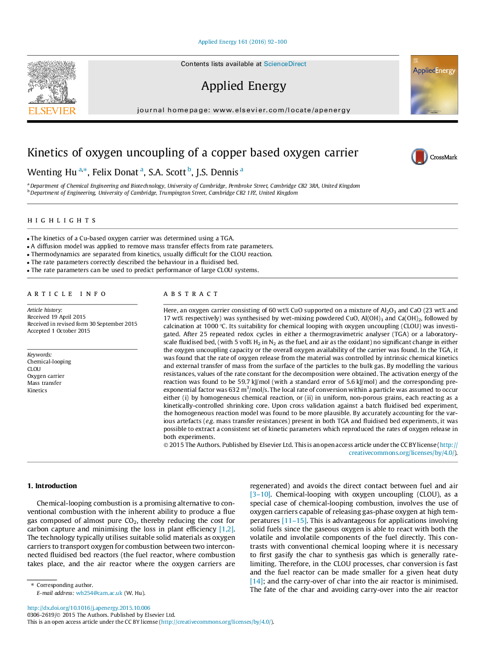 Kinetics of oxygen uncoupling of a copper based oxygen carrier