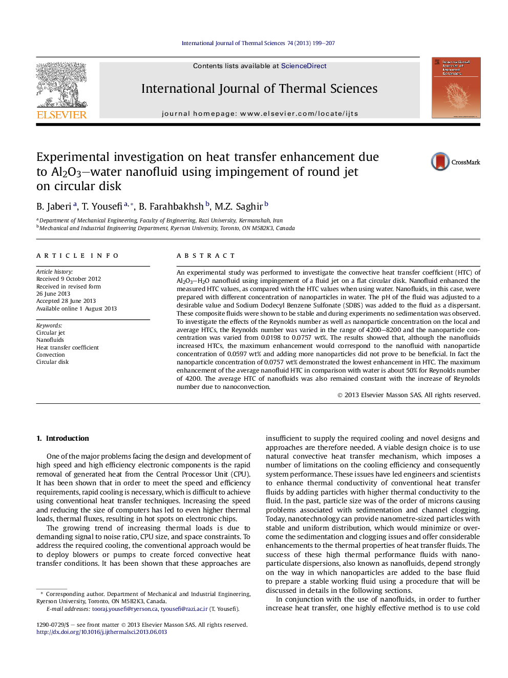 Experimental investigation on heat transfer enhancement due to Al2O3–water nanofluid using impingement of round jet on circular disk