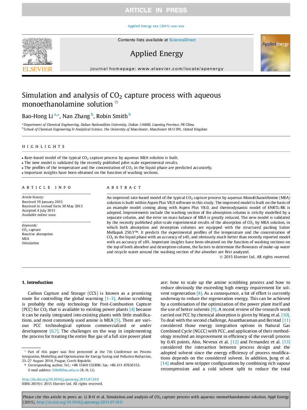 Simulation and analysis of CO2 capture process with aqueous monoethanolamine solution