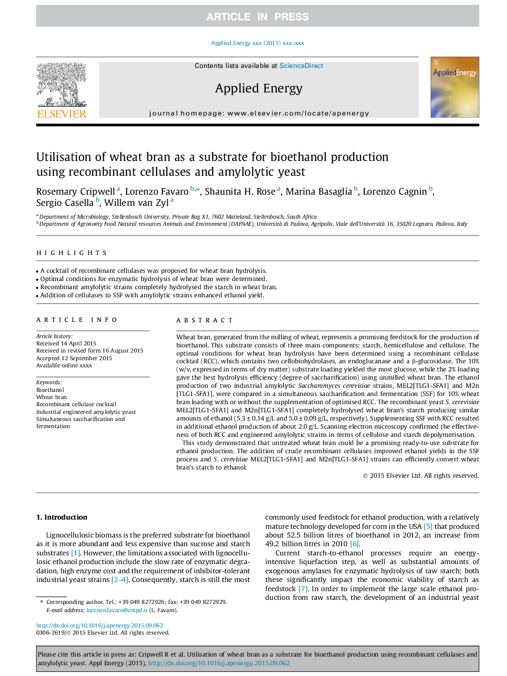 Utilisation of wheat bran as a substrate for bioethanol production using recombinant cellulases and amylolytic yeast