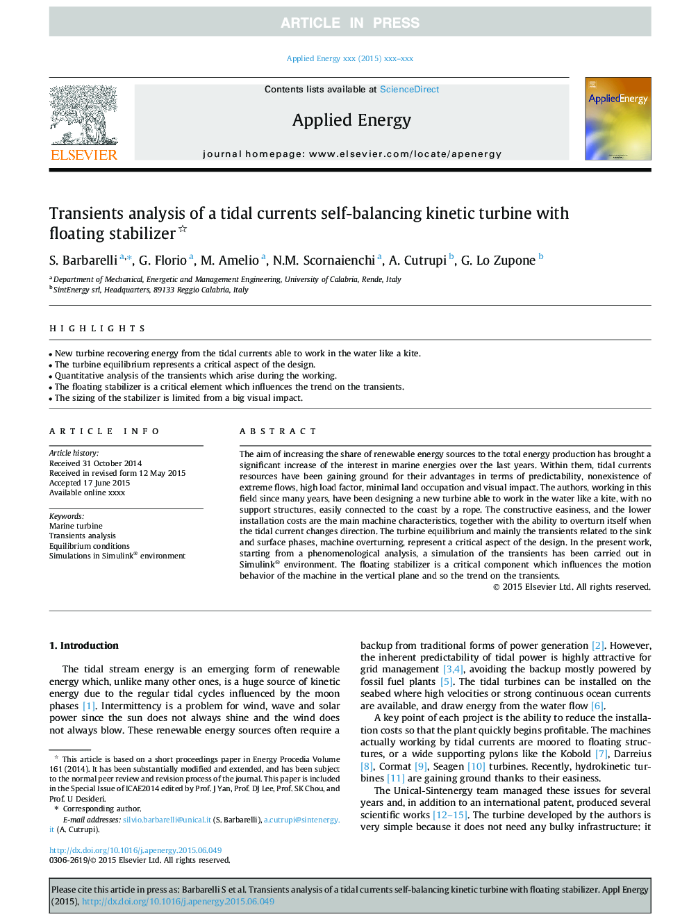 Transients analysis of a tidal currents self-balancing kinetic turbine with floating stabilizer