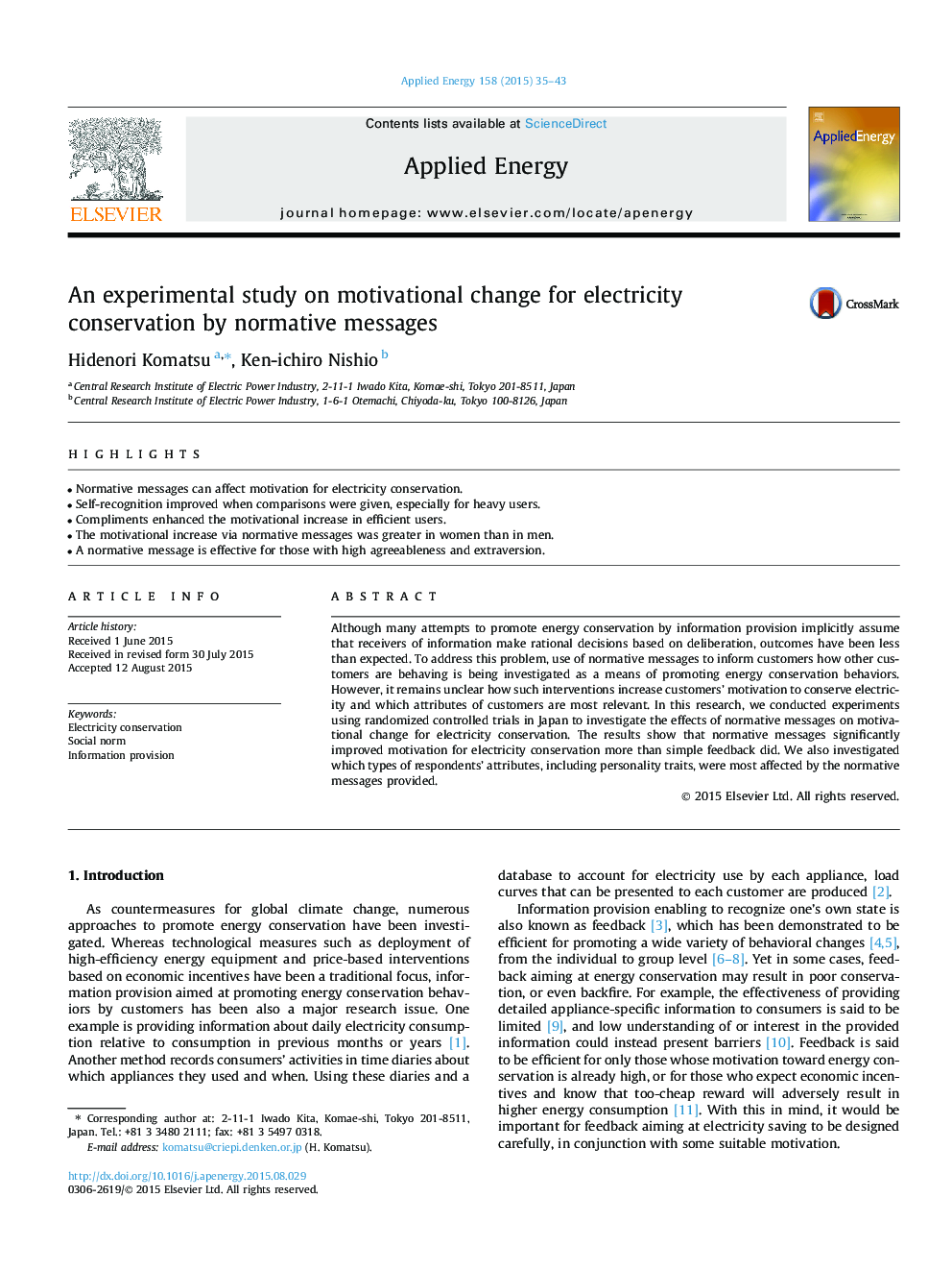 An experimental study on motivational change for electricity conservation by normative messages