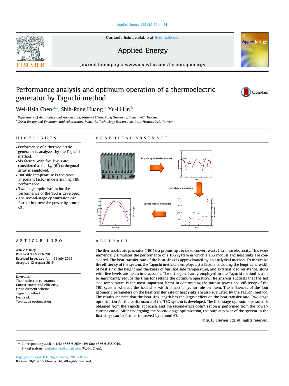 Performance analysis and optimum operation of a thermoelectric generator by Taguchi method