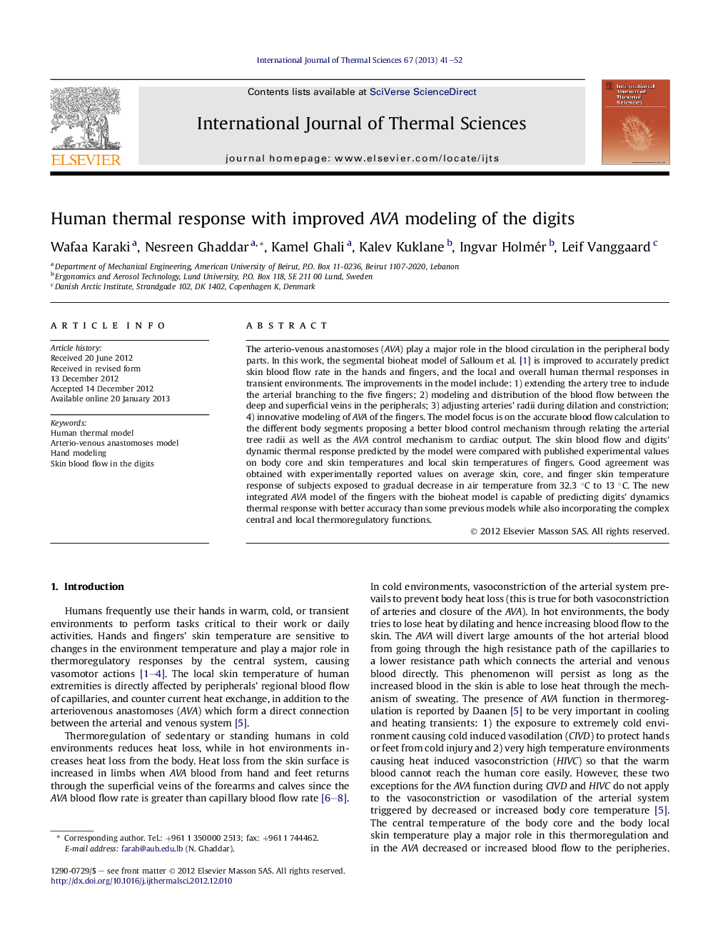 Human thermal response with improved AVA modeling of the digits