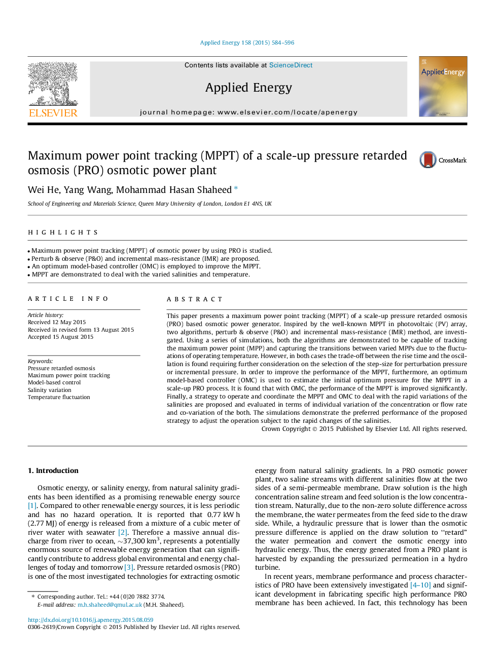 Maximum power point tracking (MPPT) of a scale-up pressure retarded osmosis (PRO) osmotic power plant