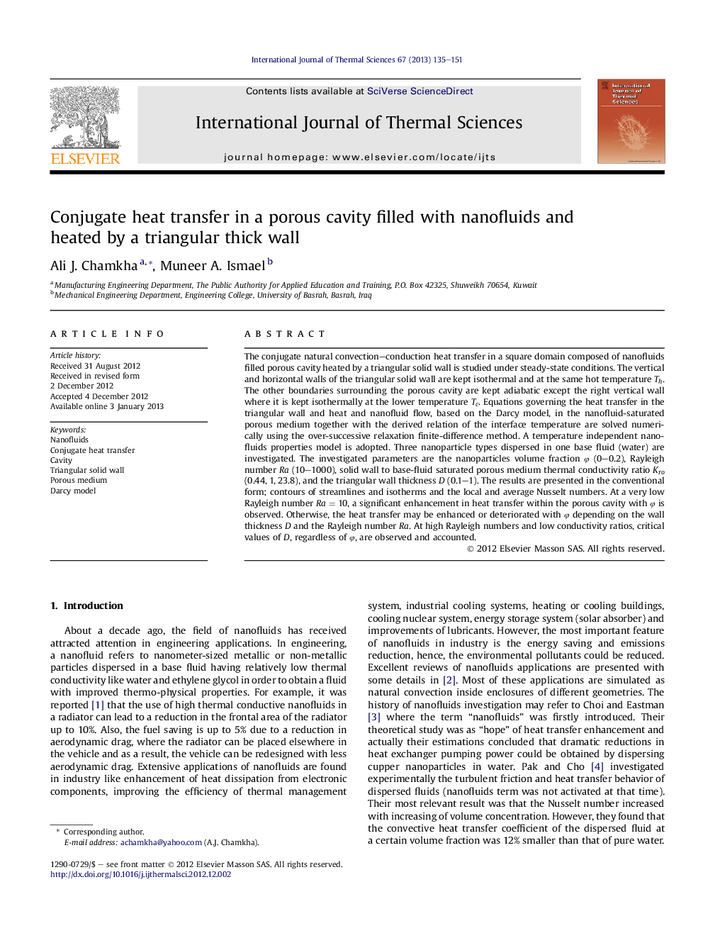 عکس صفحه اول مقاله: Conjugate heat transfer in a porous cavity filled with nanofluids and heated by a triangular thick wall Conjugate heat transfer in a porous cavity filled with nanofluids and heated by a triangular thick wall