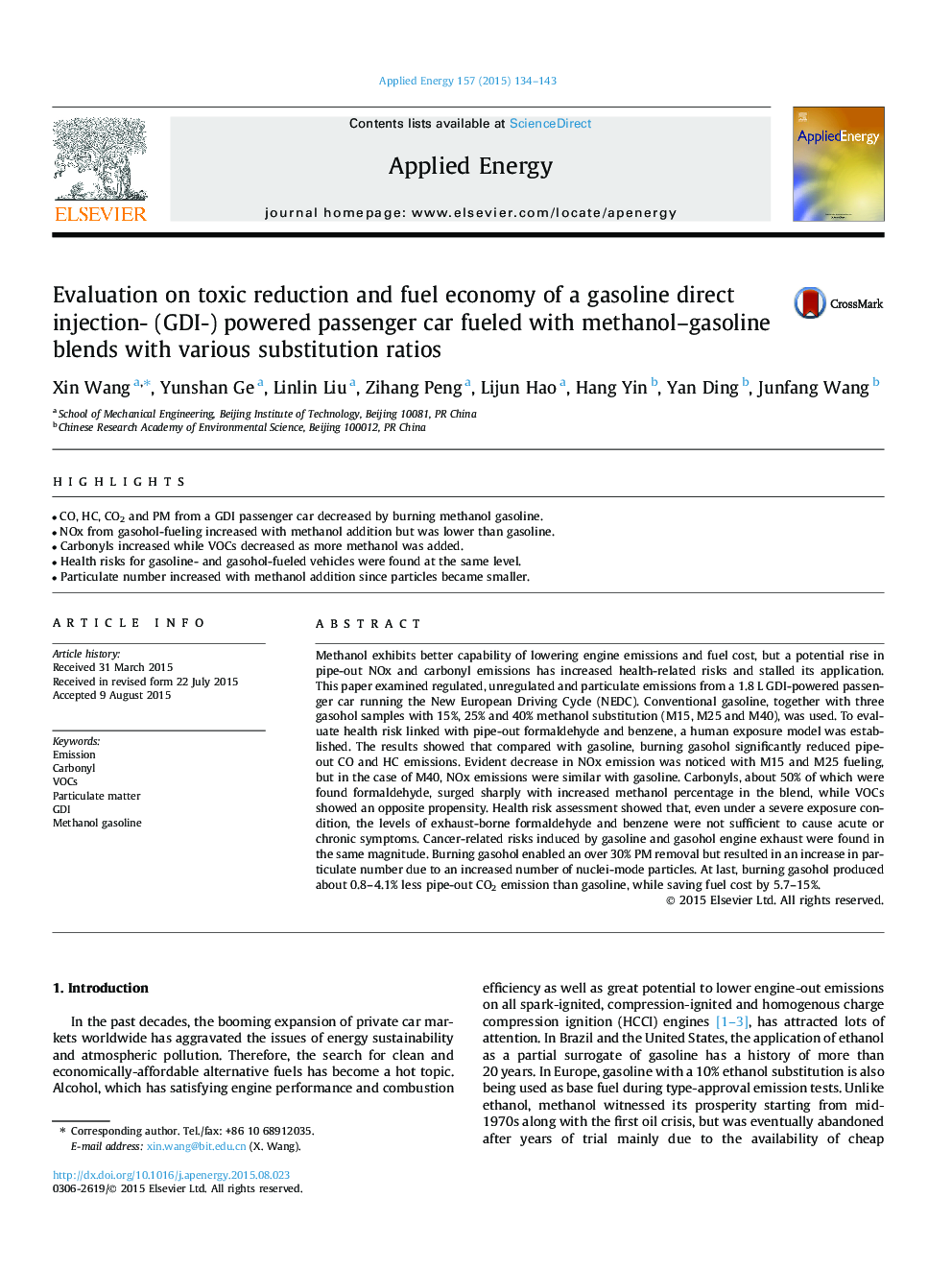 Evaluation on toxic reduction and fuel economy of a gasoline direct injection- (GDI-) powered passenger car fueled with methanol-gasoline blends with various substitution ratios