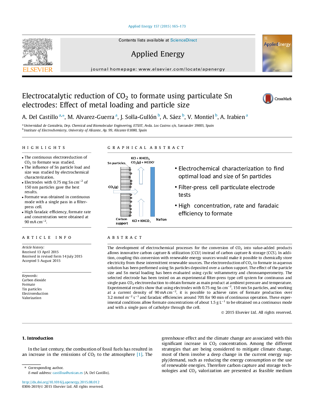 عکس صفحه اول مقاله: Electrocatalytic reduction of CO2 to formate using particulate Sn electrodes: Effect of metal loading and particle size Electrocatalytic reduction of CO2 to formate using particulate Sn electrodes: Effect of metal loading and particle size