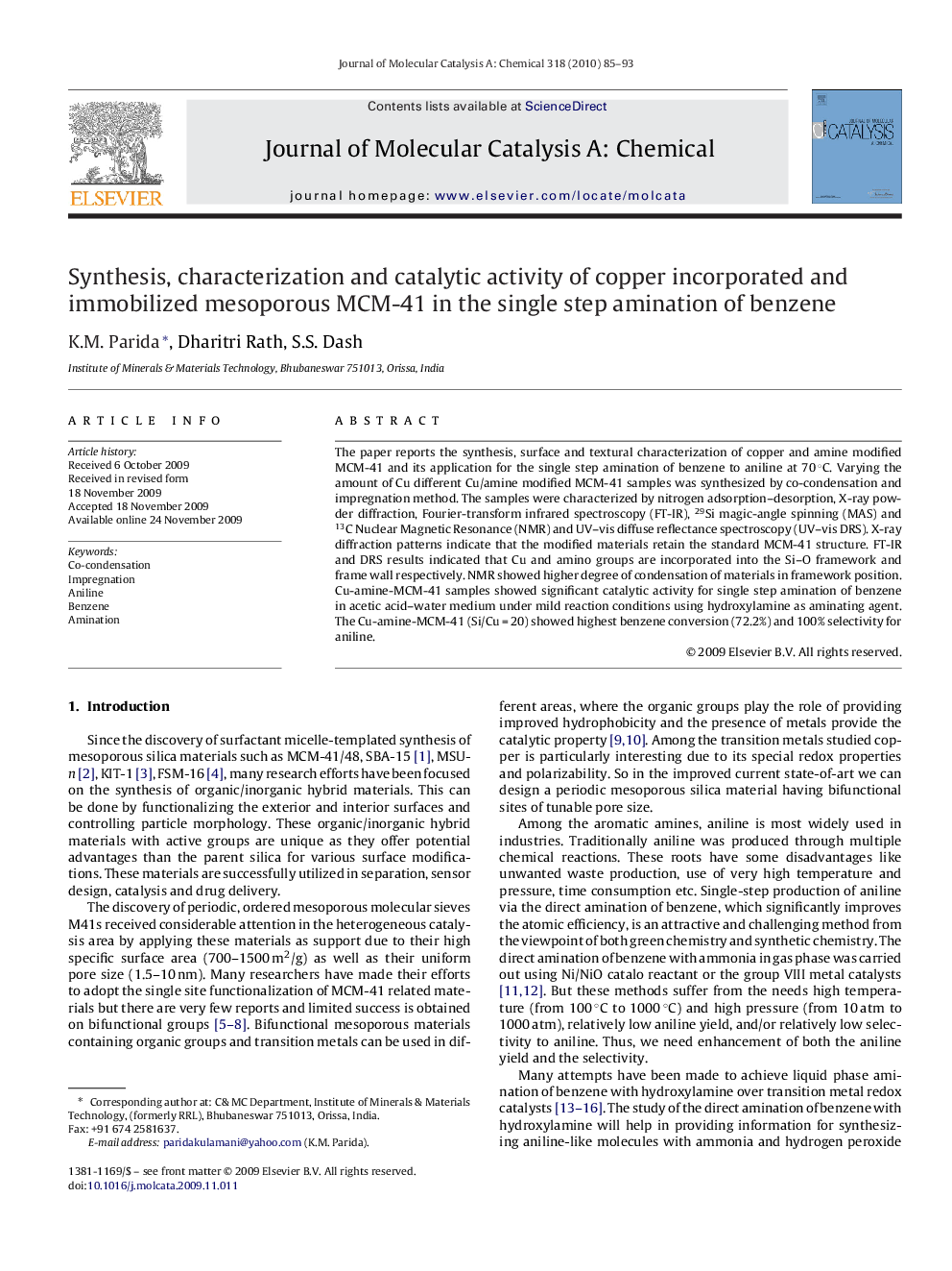 Synthesis, characterization and catalytic activity of copper incorporated and immobilized mesoporous MCM-41 in the single step amination of benzene