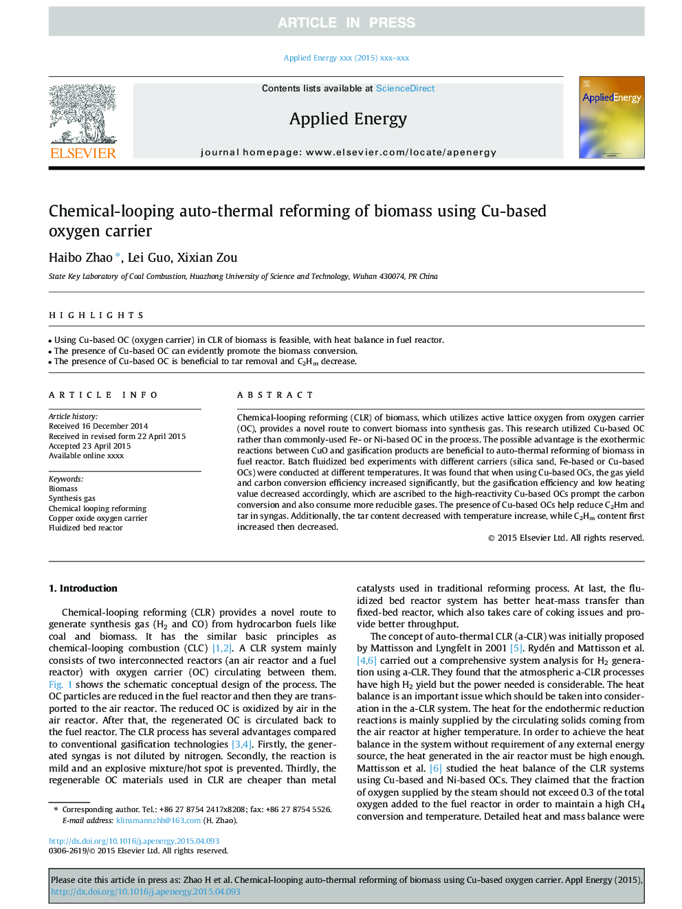 Chemical-looping auto-thermal reforming of biomass using Cu-based oxygen carrier