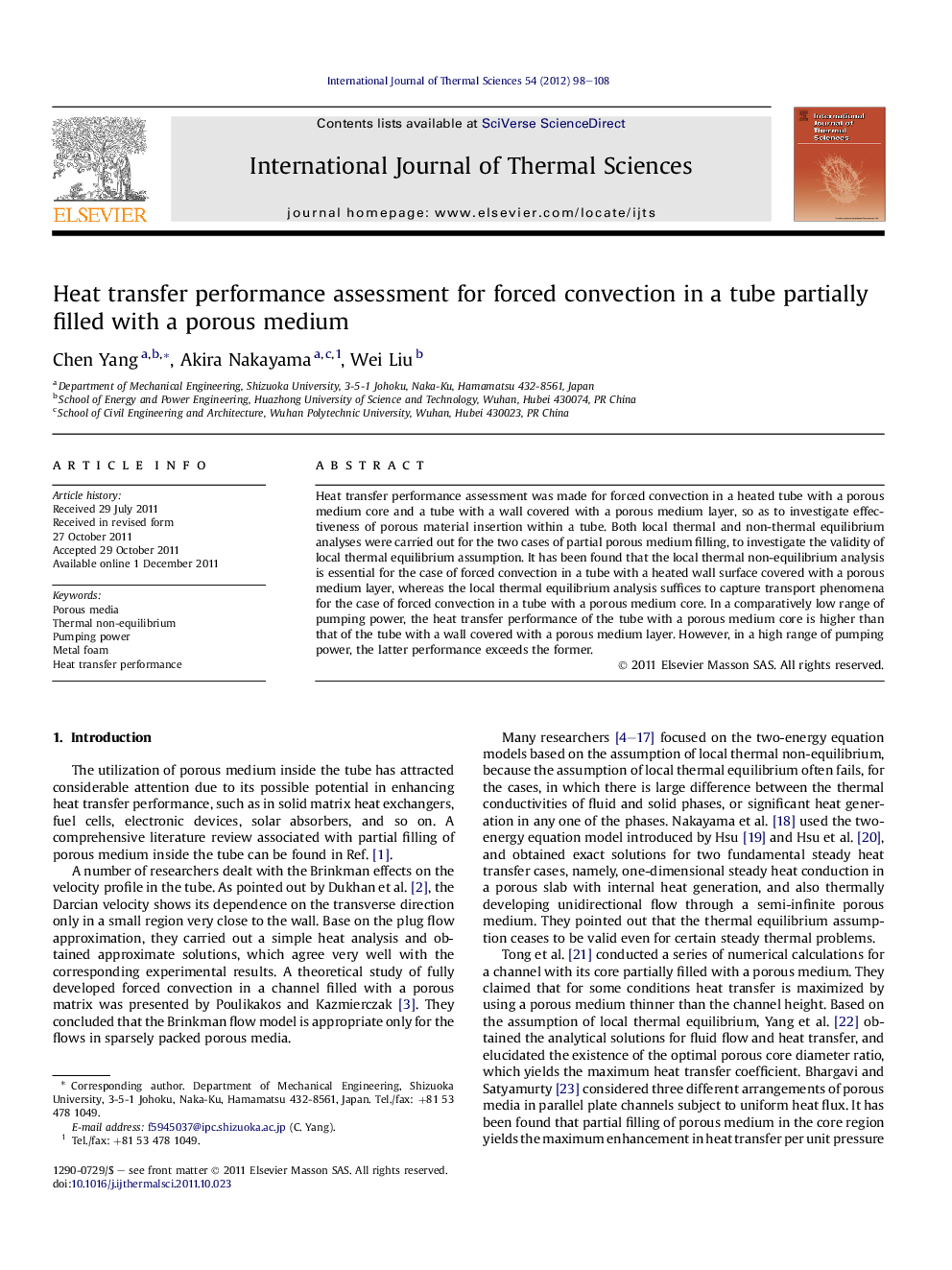 Heat transfer performance assessment for forced convection in a tube partially filled with a porous medium