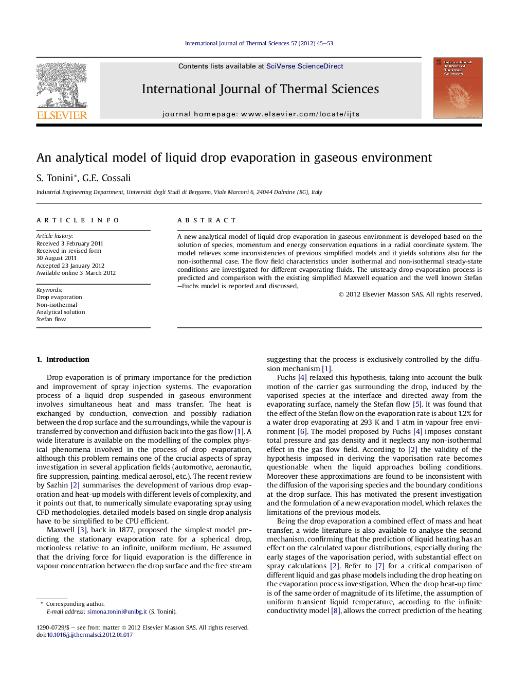 An analytical model of liquid drop evaporation in gaseous environment