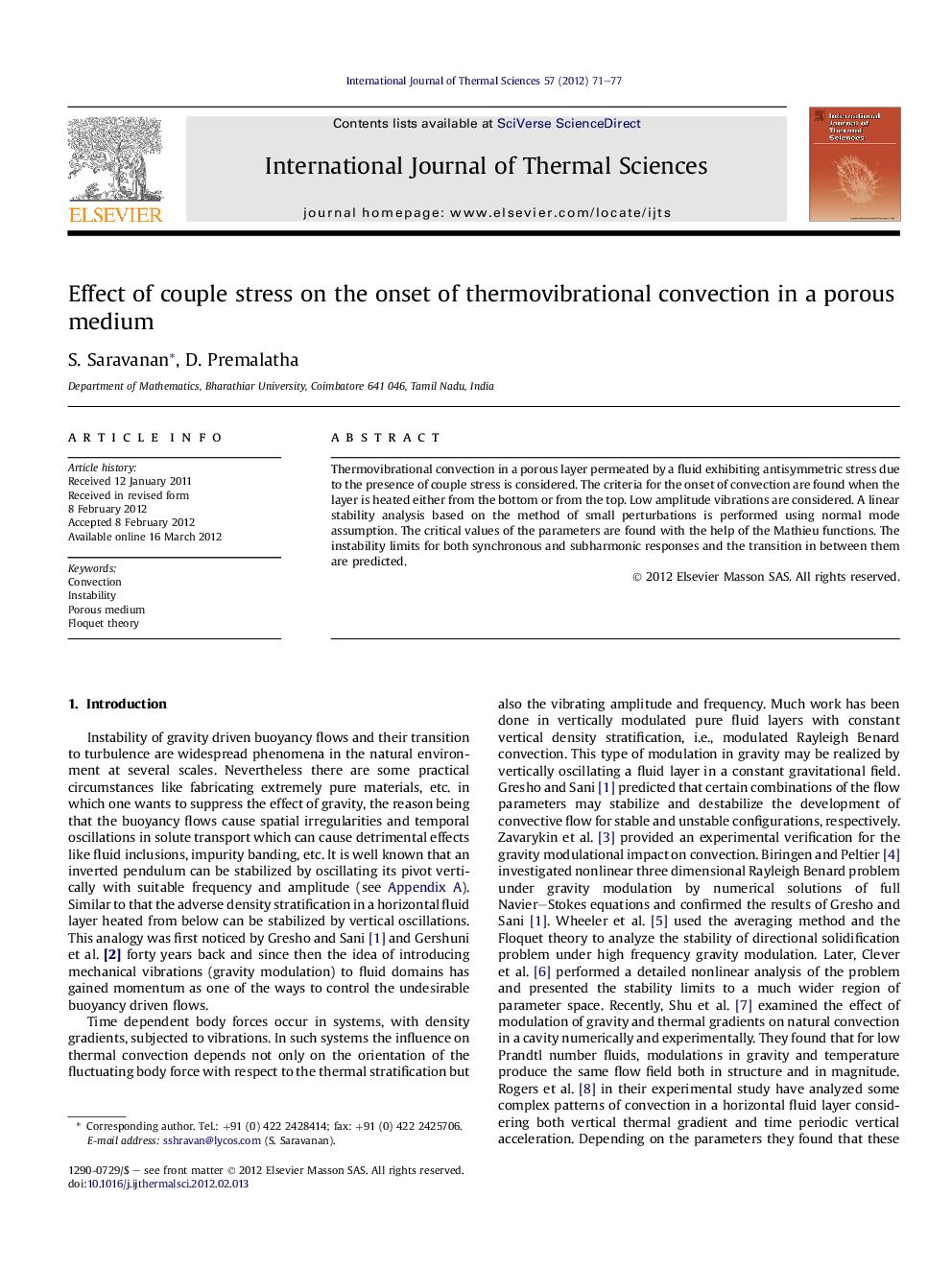 عکس صفحه اول مقاله: Effect of couple stress on the onset of thermovibrational convection in a porous medium Effect of couple stress on the onset of thermovibrational convection in a porous medium