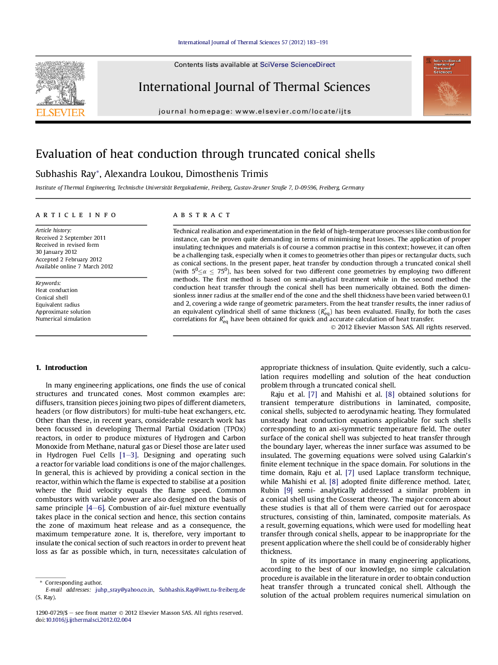 Evaluation of heat conduction through truncated conical shells