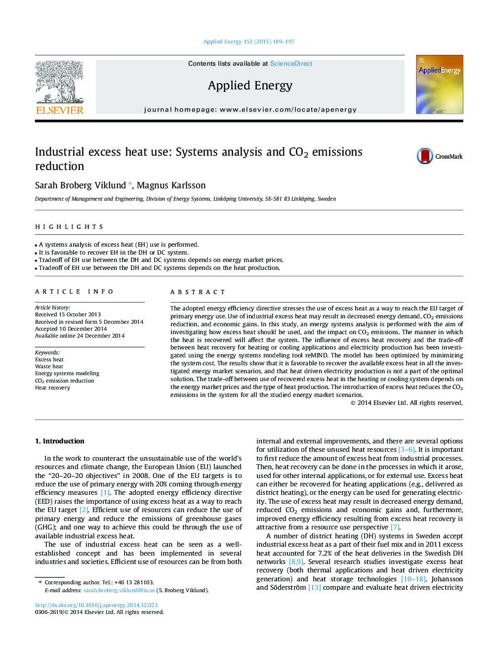 Industrial excess heat use: Systems analysis and CO2 emissions reduction