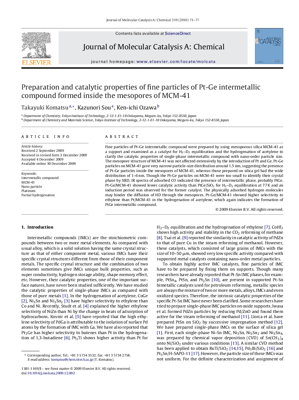 Preparation and catalytic properties of fine particles of Pt-Ge intermetallic compound formed inside the mesopores of MCM-41