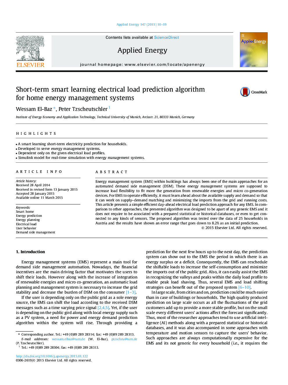 Short-term smart learning electrical load prediction algorithm for home energy management systems