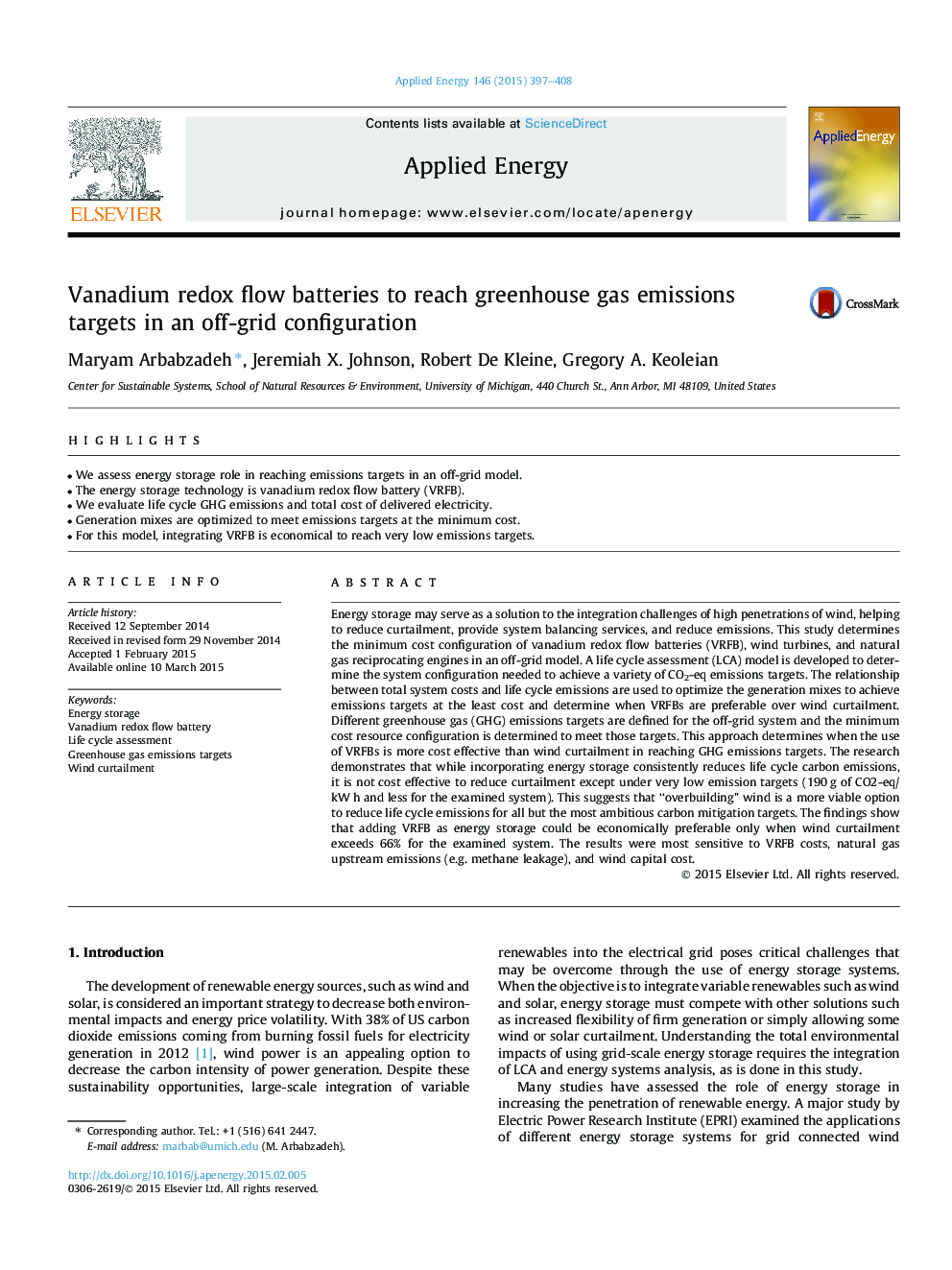 Vanadium redox flow batteries to reach greenhouse gas emissions targets in an off-grid configuration