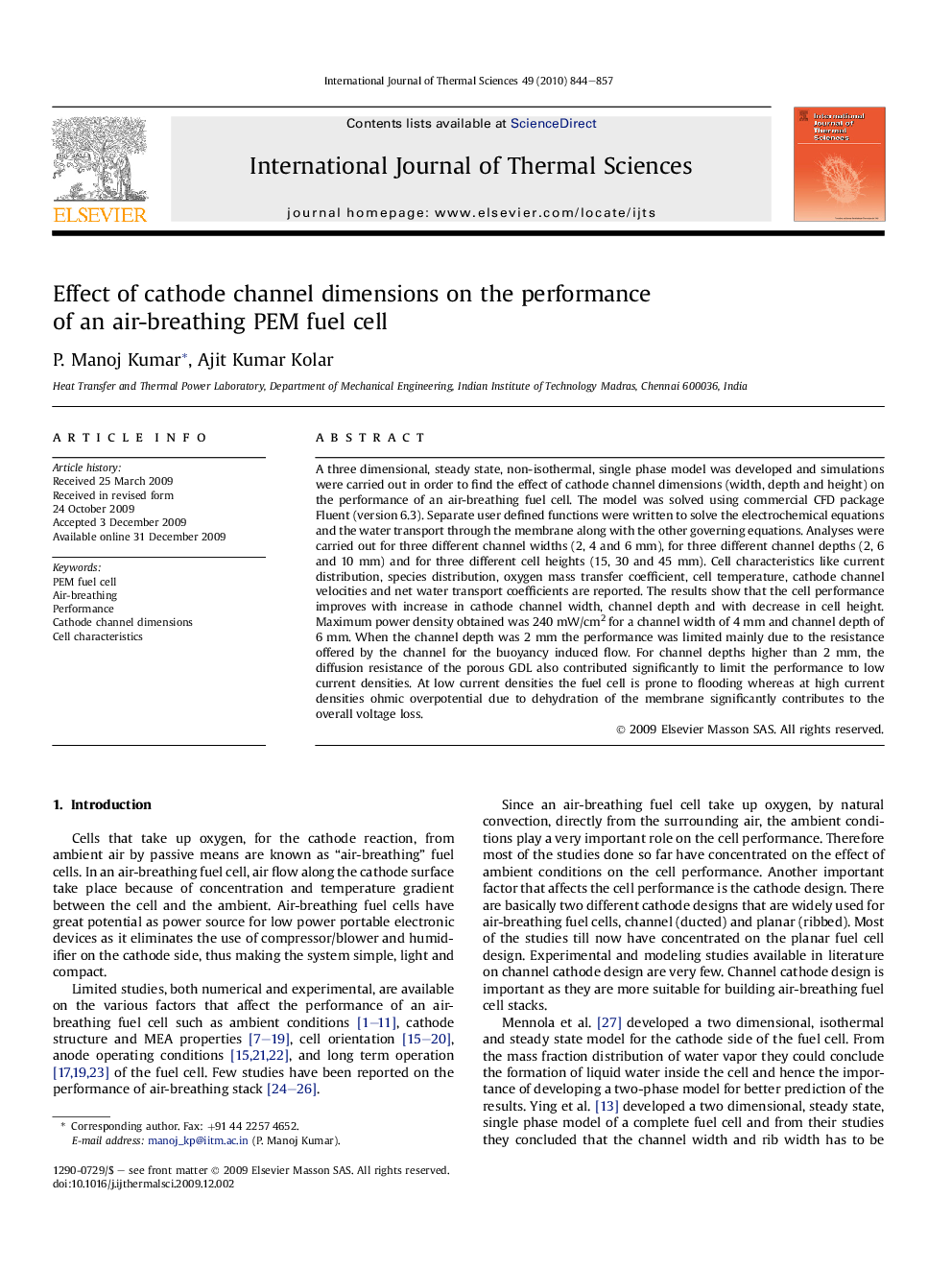 Effect of cathode channel dimensions on the performance of an air-breathing PEM fuel cell