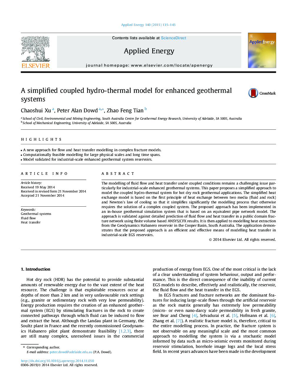 A simplified coupled hydro-thermal model for enhanced geothermal systems