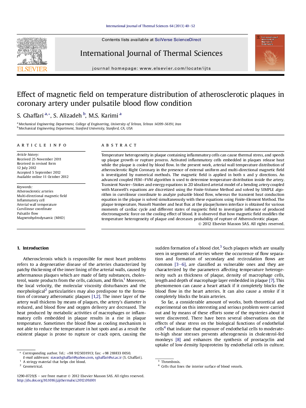 Effect of magnetic field on temperature distribution of atherosclerotic plaques in coronary artery under pulsatile blood flow condition