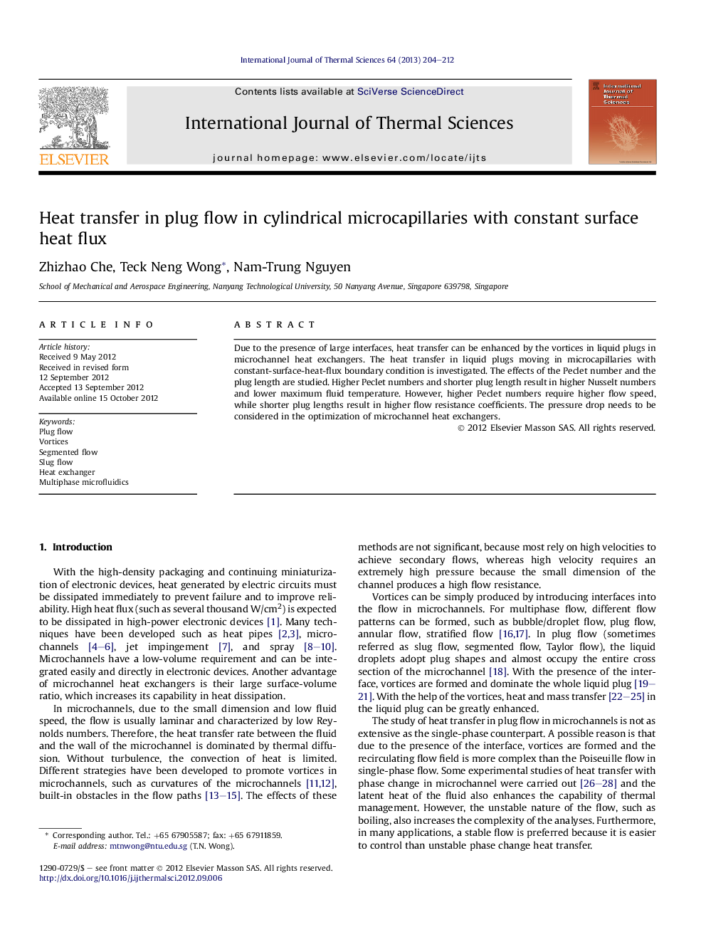 عکس صفحه اول مقاله: Heat transfer in plug flow in cylindrical microcapillaries with constant surface heat flux Heat transfer in plug flow in cylindrical microcapillaries with constant surface heat flux