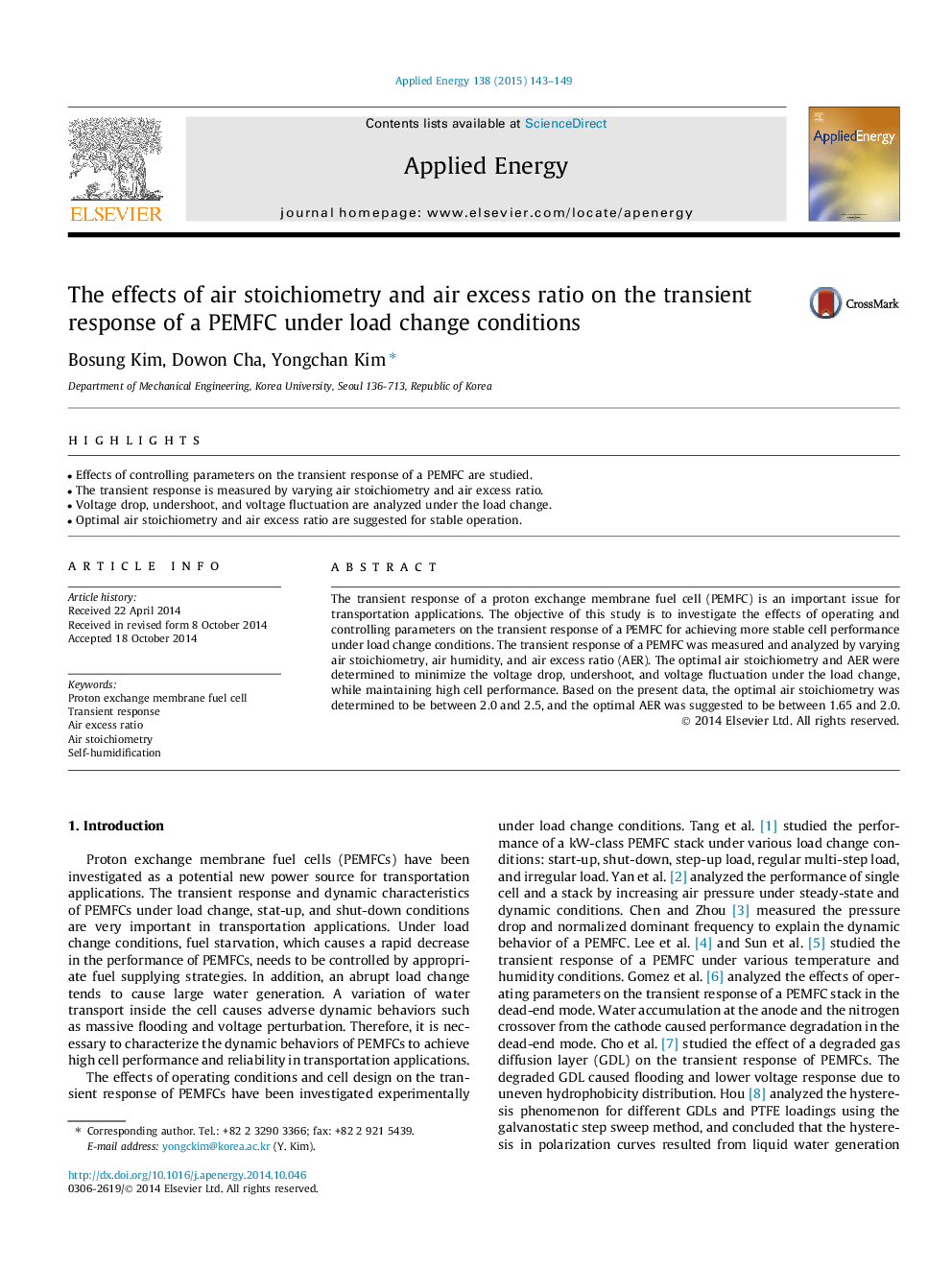 عکس صفحه اول مقاله: The effects of air stoichiometry and air excess ratio on the transient response of a PEMFC under load change conditions The effects of air stoichiometry and air excess ratio on the transient response of a PEMFC under load change conditions