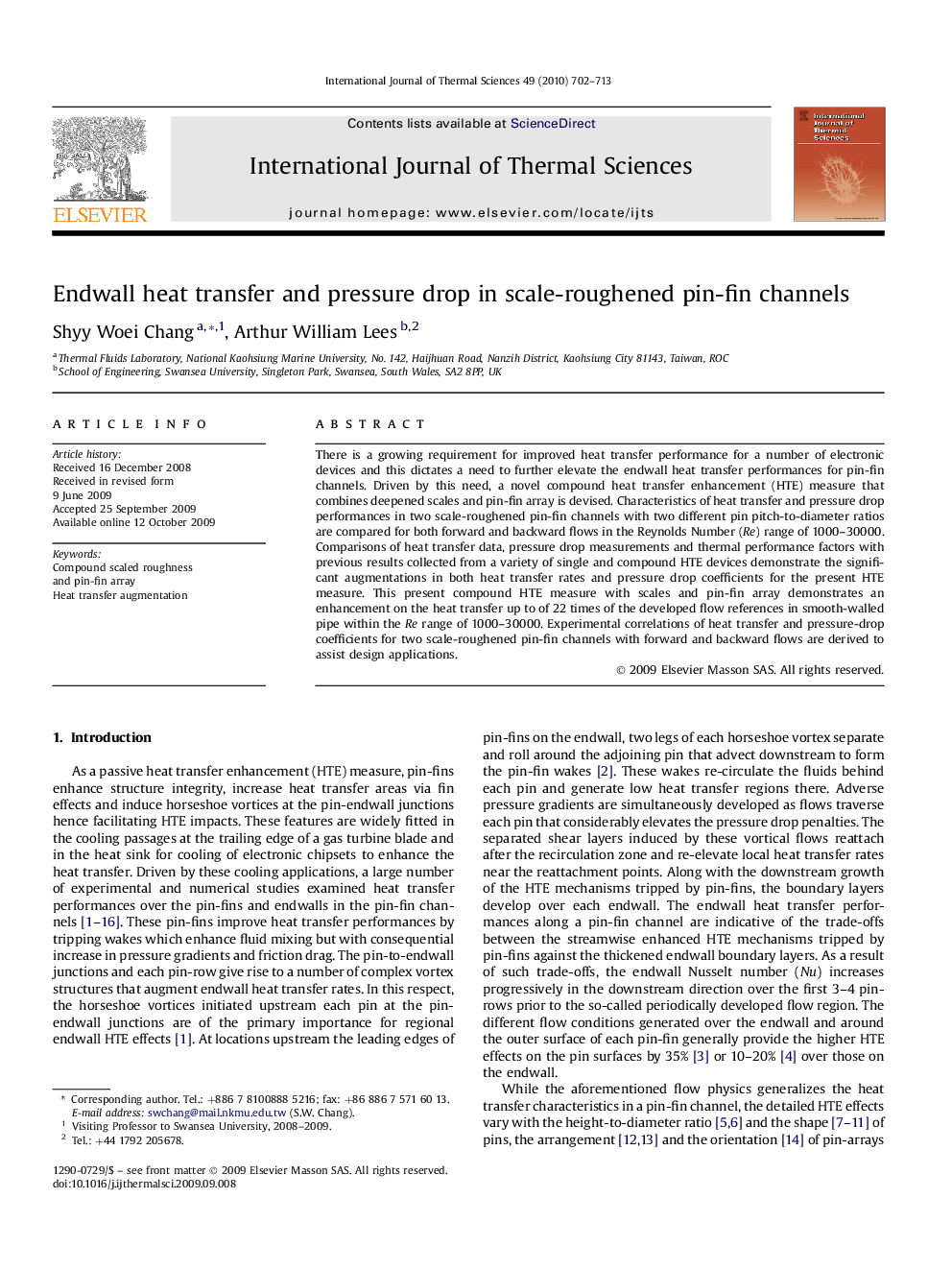 Endwall heat transfer and pressure drop in scale-roughened pin-fin channels