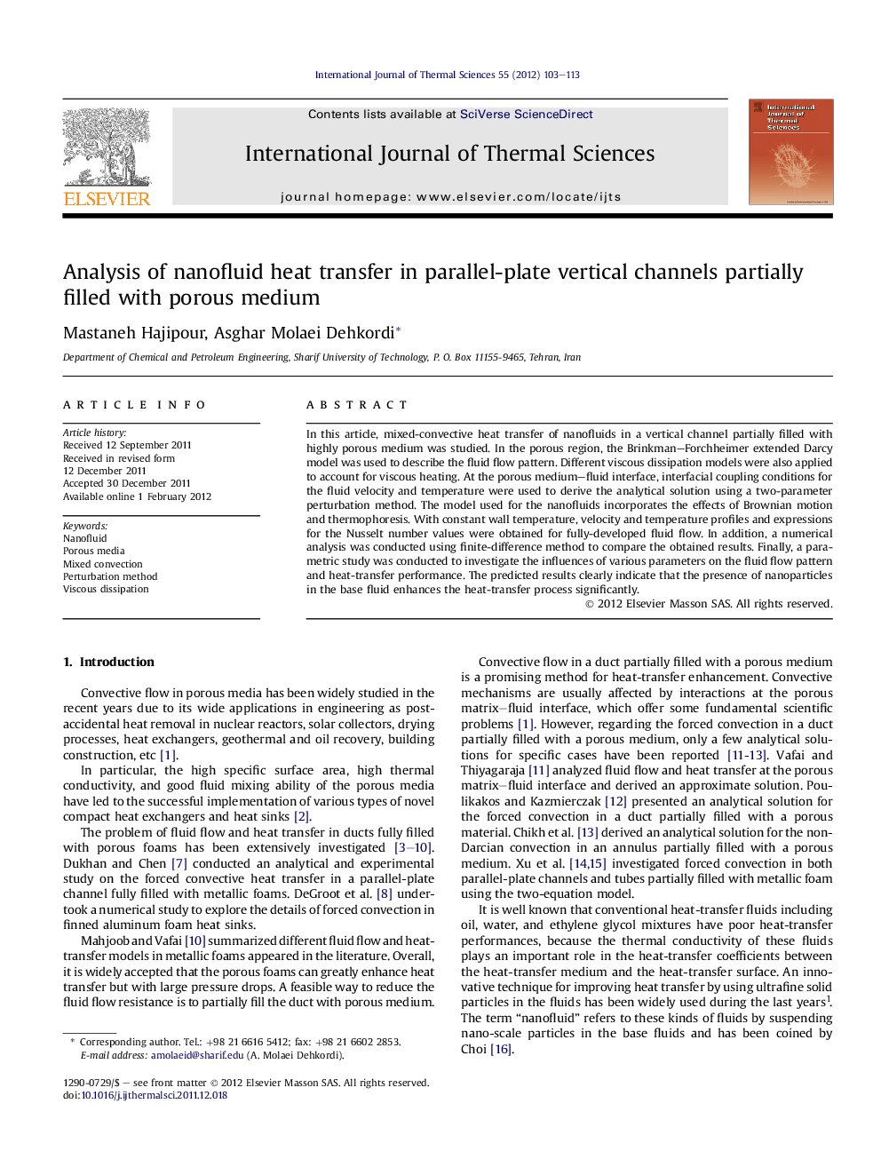 عکس صفحه اول مقاله: Analysis of nanofluid heat transfer in parallel-plate vertical channels partially filled with porous medium Analysis of nanofluid heat transfer in parallel-plate vertical channels partially filled with porous medium