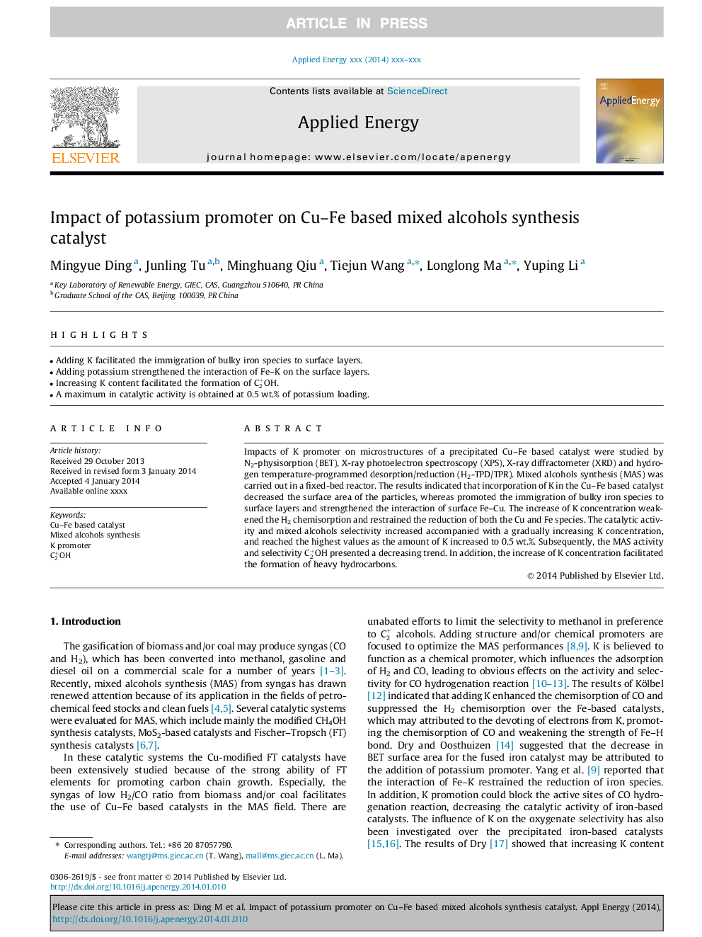 Impact of potassium promoter on Cu-Fe based mixed alcohols synthesis catalyst