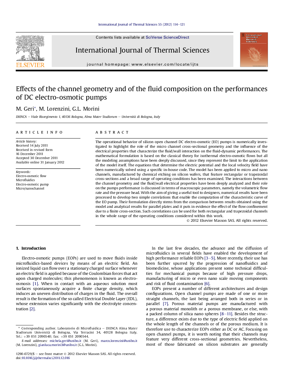 Effects of the channel geometry and of the fluid composition on the performances of DC electro-osmotic pumps