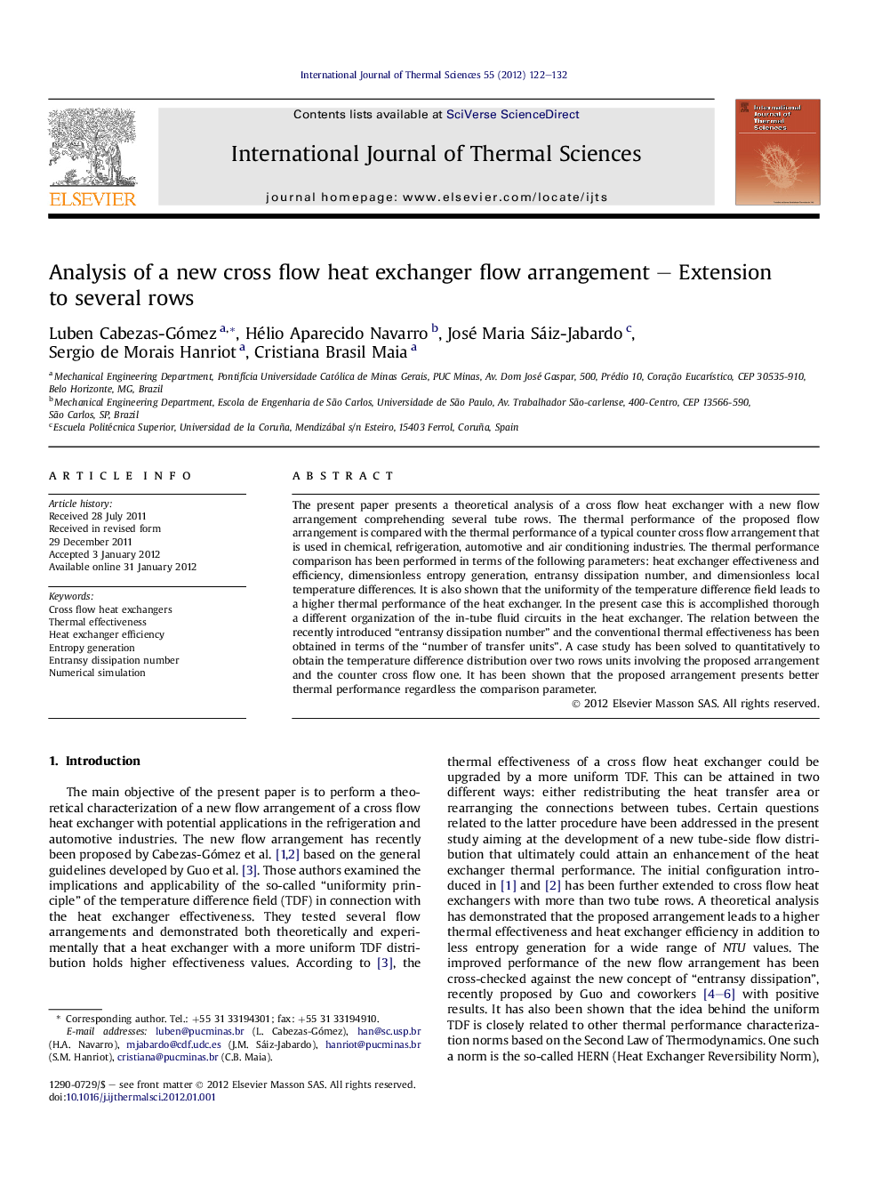 Analysis of a new cross flow heat exchanger flow arrangement - Extension to several rows