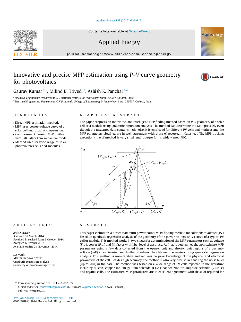 Innovative and precise MPP estimation using P-V curve geometry for photovoltaics