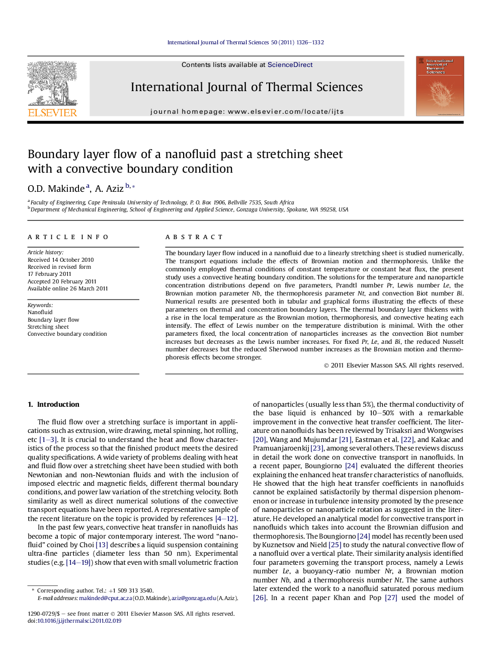 Boundary layer flow of a nanofluid past a stretching sheet with a convective boundary condition