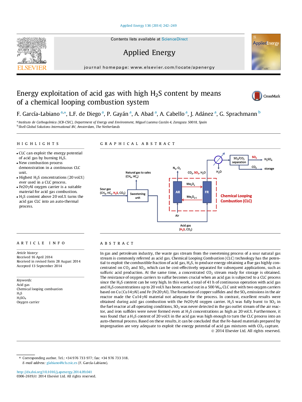 Energy exploitation of acid gas with high H2S content by means of a chemical looping combustion system