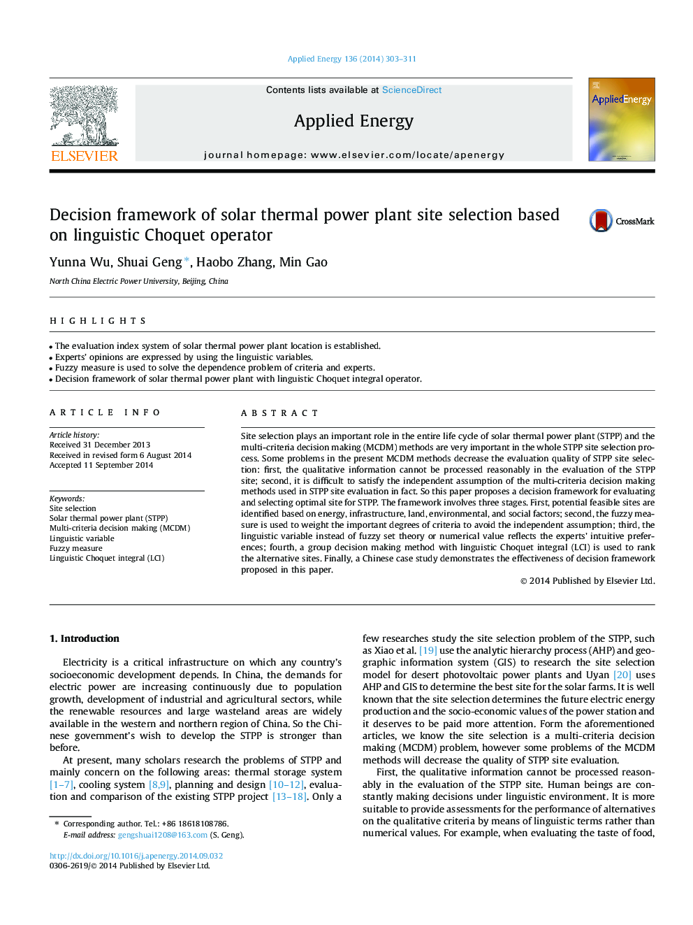 Decision framework of solar thermal power plant site selection based on linguistic Choquet operator