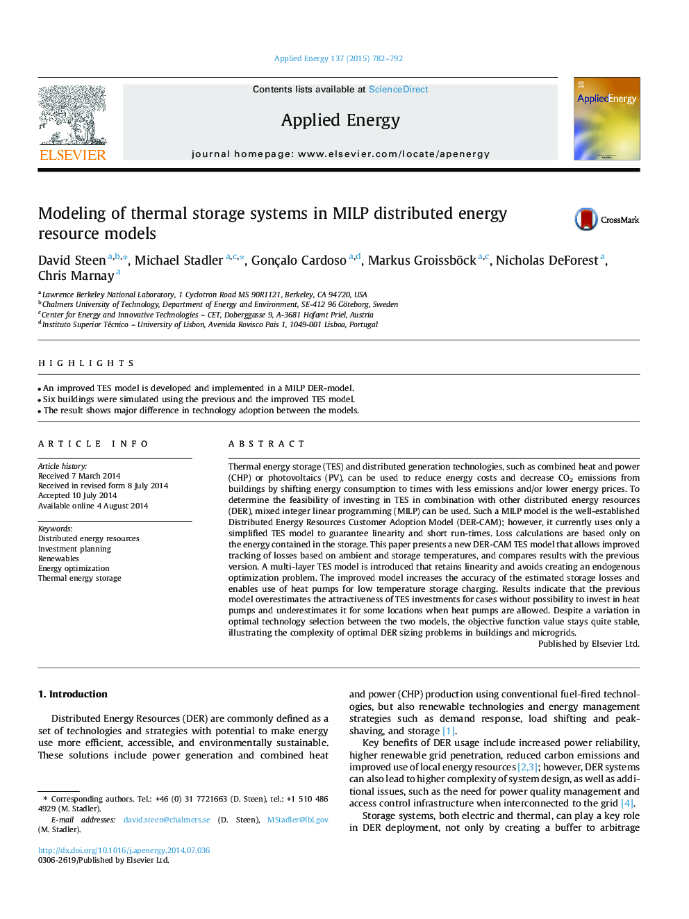 عکس صفحه اول مقاله: Modeling of thermal storage systems in MILP distributed energy resource models Modeling of thermal storage systems in MILP distributed energy resource models