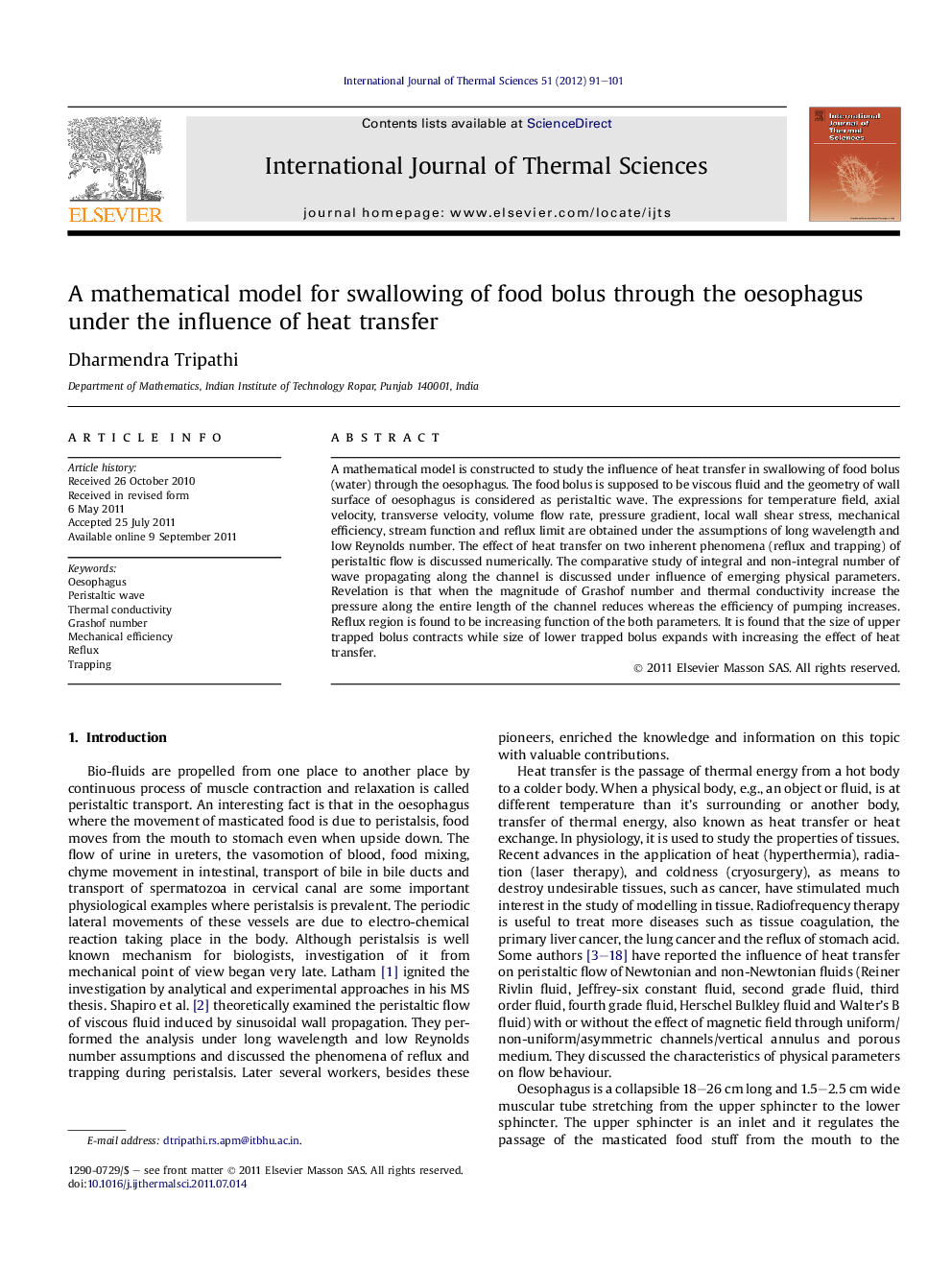 A mathematical model for swallowing of food bolus through the oesophagus under the influence of heat transfer