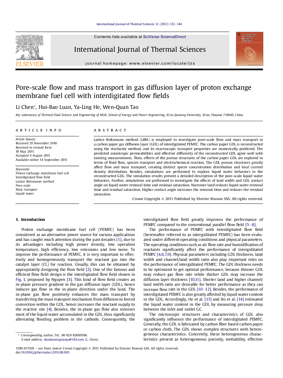 عکس صفحه اول مقاله: Pore-scale flow and mass transport in gas diffusion layer of proton exchange membrane fuel cell with interdigitated flow fields Pore-scale flow and mass transport in gas diffusion layer of proton exchange membrane fuel cell with interdigitated flow fields