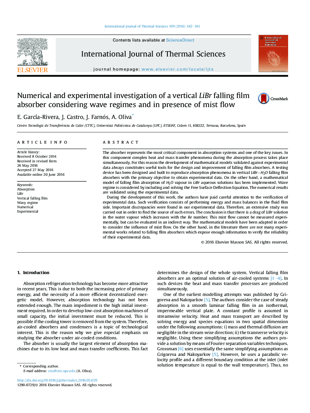 Numerical and experimental investigation of a vertical LiBr falling film absorber considering wave regimes and in presence of mist flow