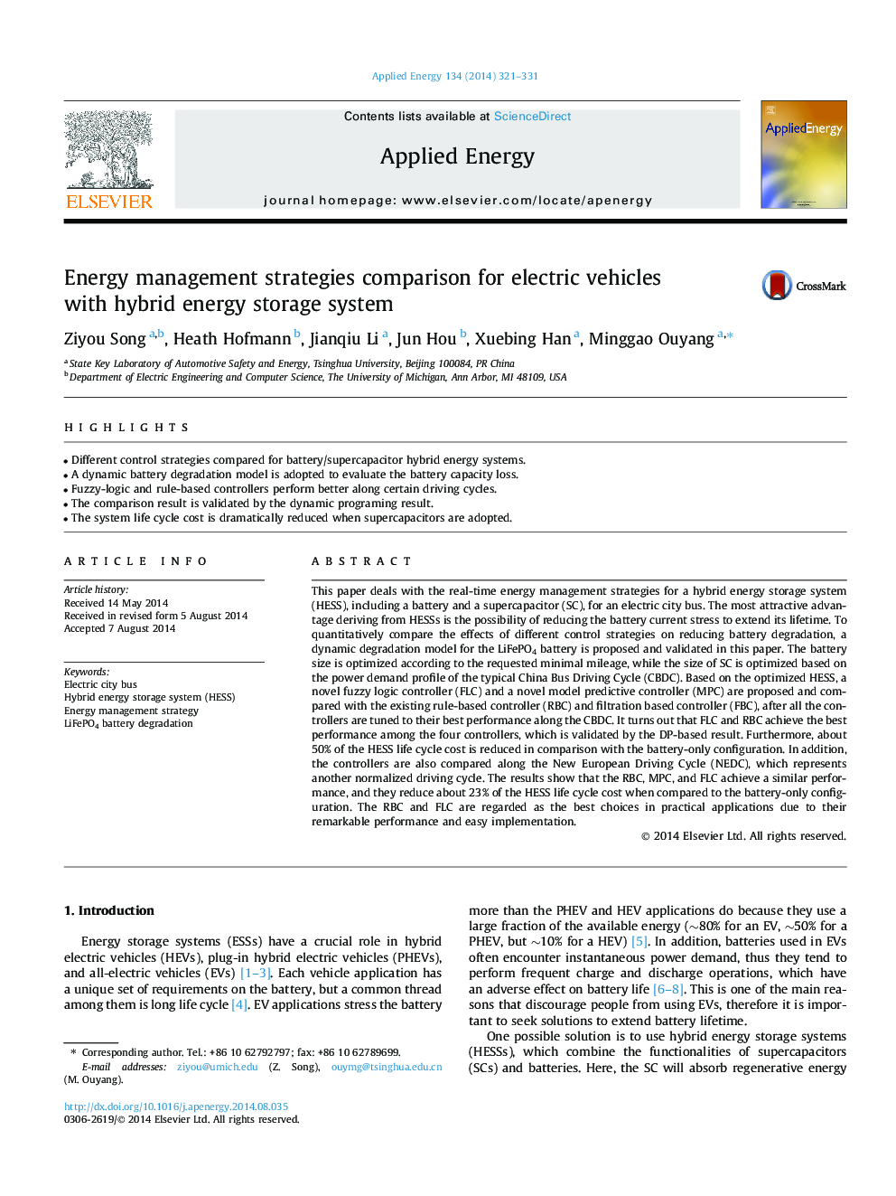 Energy management strategies comparison for electric vehicles with hybrid energy storage system