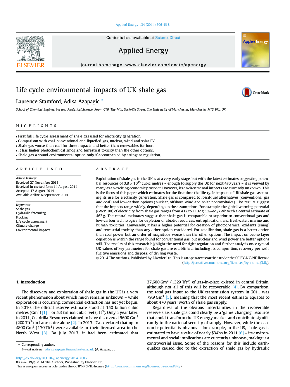 Life cycle environmental impacts of UK shale gas